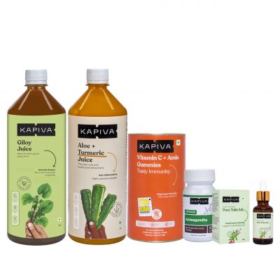 Kapiva Ayush Arogya Combo (Kapiva Wild Giloy Juice 1L + Aloe Turmeric Juice+ Ashwagandha Capsules 60Caps + Kapiva Pure Tulsi Ark  30ml+ Vitamin C Amla Gummies 30Gummies)