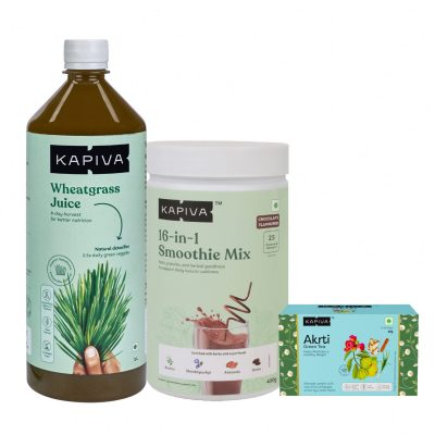 Kapiva Appetite Control Combo (16-in-1 Smoothie Mix | Wheatgrass Juice 1L | Akrti Green Tea)